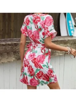 Summer Sweet V Neck Printing White Short Sleeve Dress -Women's Clothing Shop P 20230410181431652 289