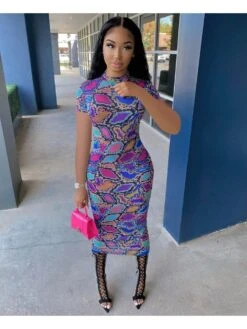 Fashion Trend Blue Snake Printed Short Sleeve Dress