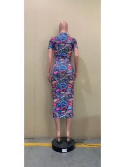 Fashion Trend Blue Snake Printed Short Sleeve Dress -Women's Clothing Shop P 20230410183231871 256