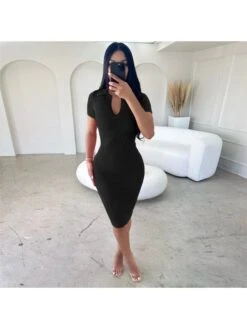 Casual Short Sleeve Women Knee Length Dress