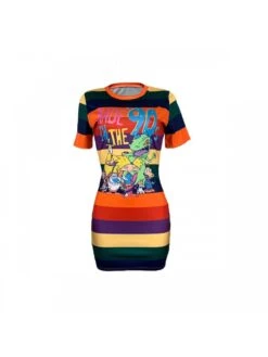 Women Cartoon Pattern Striped Short Sleeve T Shirt Dress -Women's Clothing Shop P 20230412163932509 479