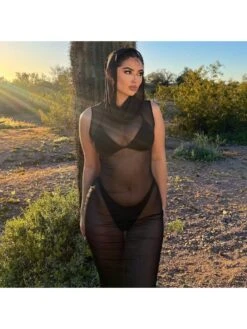 Sexy Black See Through Sleeveless Hooded Maxi Dress -Women's Clothing Shop P 20230413185532436 740