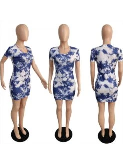 Women's Blue Tie Dyed Crew Collar Short Dress -Women's Clothing Shop P 20230415204127820 879