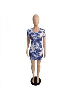 Women's Blue Tie Dyed Crew Collar Short Dress -Women's Clothing Shop P 20230415204130193 126