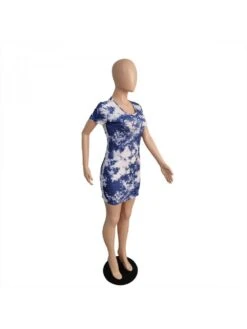 Women's Blue Tie Dyed Crew Collar Short Dress -Women's Clothing Shop P 20230415204132497 268