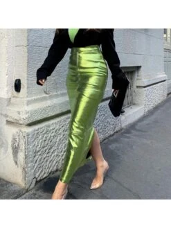 Women's Sexy PU Pure Color Bodycon Slit Dress