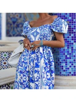 Casual Loose Puff Sleeve Blue Short Sleeve Dress -Women's Clothing Shop P 20230417194322146 389