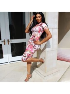 Chinese Style Calligraphy Plum Blossom Short Sleeve Midi Dress -Women's Clothing Shop P 20230419184820283 614