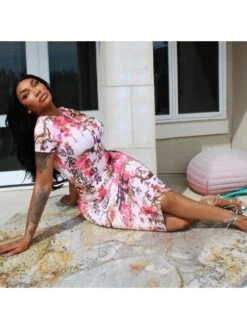 Chinese Style Calligraphy Plum Blossom Short Sleeve Midi Dress -Women's Clothing Shop P 20230419184822624 442