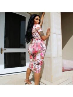 Chinese Style Calligraphy Plum Blossom Short Sleeve Midi Dress -Women's Clothing Shop P 20230419184824940 495