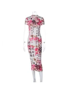 Chinese Style Calligraphy Plum Blossom Short Sleeve Midi Dress -Women's Clothing Shop P 20230419184827271 346