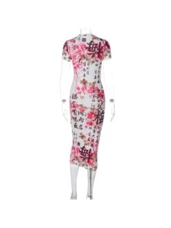 Chinese Style Calligraphy Plum Blossom Short Sleeve Midi Dress -Women's Clothing Shop P 20230419184831945 805