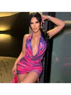 Summer Sexy Printed Backless Low Cut Bodycon Mini Dress