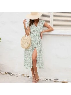 Summer Floral Ruffle Short Sleeve Slit Dress