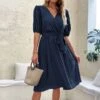 V-Neck Ruched Front Belted Commuting Women's Dress -Women's Clothing Shop P 20230509202428252 276