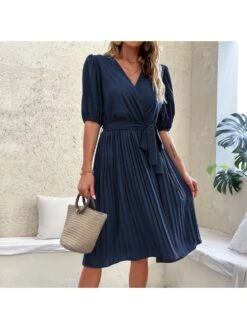 V-Neck Ruched Front Belted Commuting Women's Dress