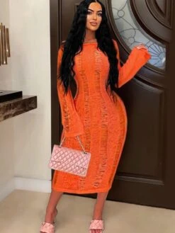 Sexy Knitting Hollow Out Long Sleeve Backless Dress -Women's Clothing Shop P 20230513135524357 307