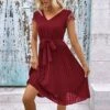 V Neck Lace Pleated Pure Color Women's Dress -Women's Clothing Shop P 20230513202922924 838