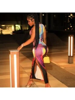 Slim Round Neck Red Printing Long Dress -Women's Clothing Shop P 20230517192320781 921