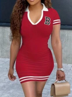 Striped Letter Printed Short Sleeve Bodycon Dress