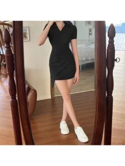 Ruched Irregular Polo Collar Short Sleeve Dress -Women's Clothing Shop P 20230522123450782 727