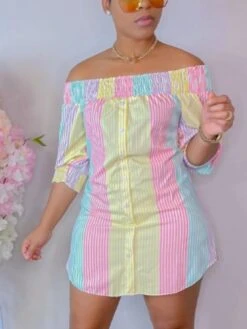 Stripe Lantern Sleeve Off Shoulder Dress -Women's Clothing Shop P 20230525143703182 681