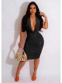 Low Cut Ruched Sleeveless Knee Length Dress