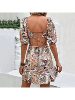 Women's White Backless Lace Up Printing Dress -Women's Clothing Shop P 20230526195524889 878