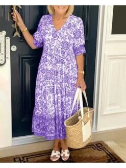 V Neck Flower Printing Loose Women's Dress