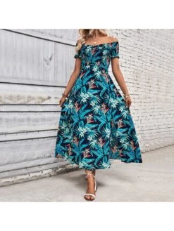 Women's Navy Blue Split Hem Printing Long Dress