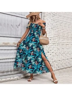 Women's Navy Blue Split Hem Printing Long Dress -Women's Clothing Shop P 20230530201527464 950