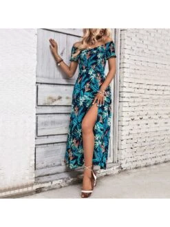 Women's Navy Blue Split Hem Printing Long Dress -Women's Clothing Shop P 20230530201529975 119