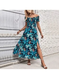 Women's Navy Blue Split Hem Printing Long Dress -Women's Clothing Shop P 20230530201532489 963