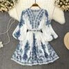 V-Neck Blue Printing Bohemian Mini Dress -Women's Clothing Shop P 20230601194021720 562
