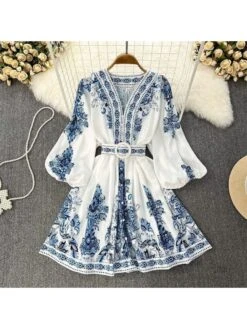 V-Neck Blue Printing Bohemian Mini Dress