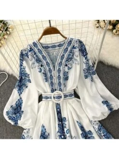 V-Neck Blue Printing Bohemian Mini Dress -Women's Clothing Shop P 20230601194026478 242