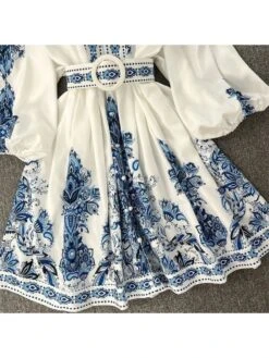 V-Neck Blue Printing Bohemian Mini Dress -Women's Clothing Shop P 20230601194028825 495