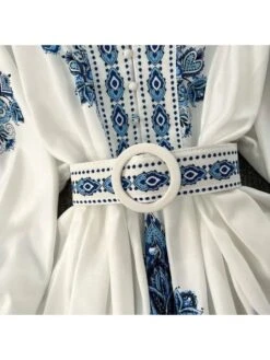 V-Neck Blue Printing Bohemian Mini Dress -Women's Clothing Shop P 20230601194031240 908