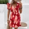 V Neck Red Printing Puff Sleeve Women's Dress