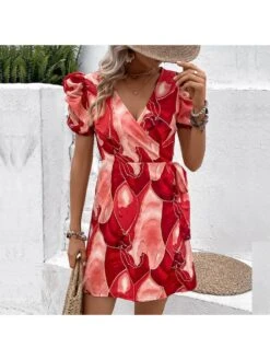 V Neck Red Printing Puff Sleeve Women's Dress