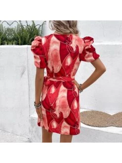 V Neck Red Printing Puff Sleeve Women's Dress -Women's Clothing Shop P 20230606211027418 994