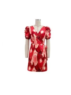 V Neck Red Printing Puff Sleeve Women's Dress -Women's Clothing Shop P 20230606211029746 510