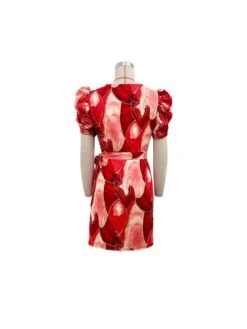 V Neck Red Printing Puff Sleeve Women's Dress -Women's Clothing Shop P 20230606211034414 589