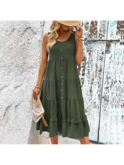 Summer U Neck Pure Color Sleeveless Dress