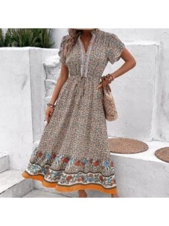 V-Neck Floral Khaki Dress For Women