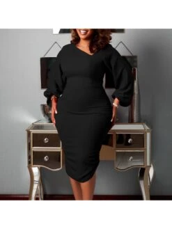 Casual Puff Sleeve Solid Dress Women