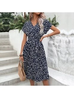 Women's V Neck Navy Blue Floral Dress