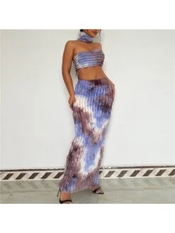 Sexy Printing Colorblock Backless Dress Three-Piece Set Women