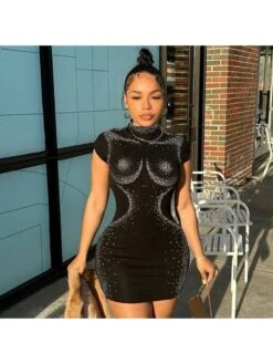 Fashion Hot Drilling Short Sleeve Slim Dress -Women's Clothing Shop P 20230614172643608 761