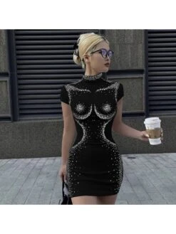 Fashion Hot Drilling Short Sleeve Slim Dress -Women's Clothing Shop P 20230614172645907 524